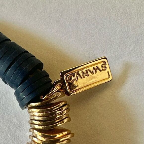 Canvas blue gold  tone and peach stretchy clay  disc bracelet - Picture 3 of 9